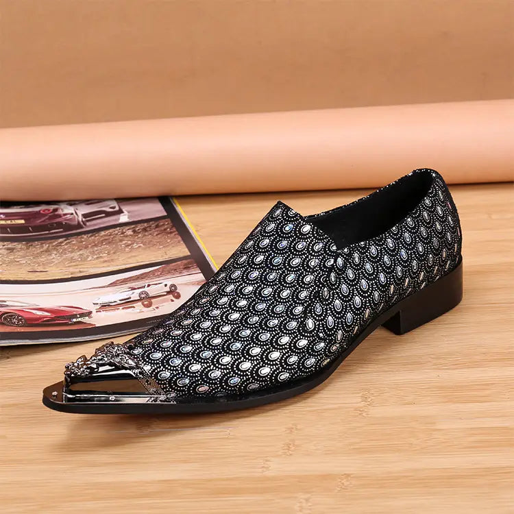 Stylish black and silver mens slip-on leather shoe with metallic pointed toe cap.