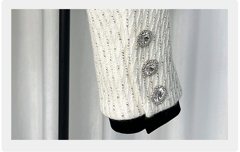 White knit sleeve with silver buttons on Women’s White Exquisite Rhinestone Chanel Style Coat