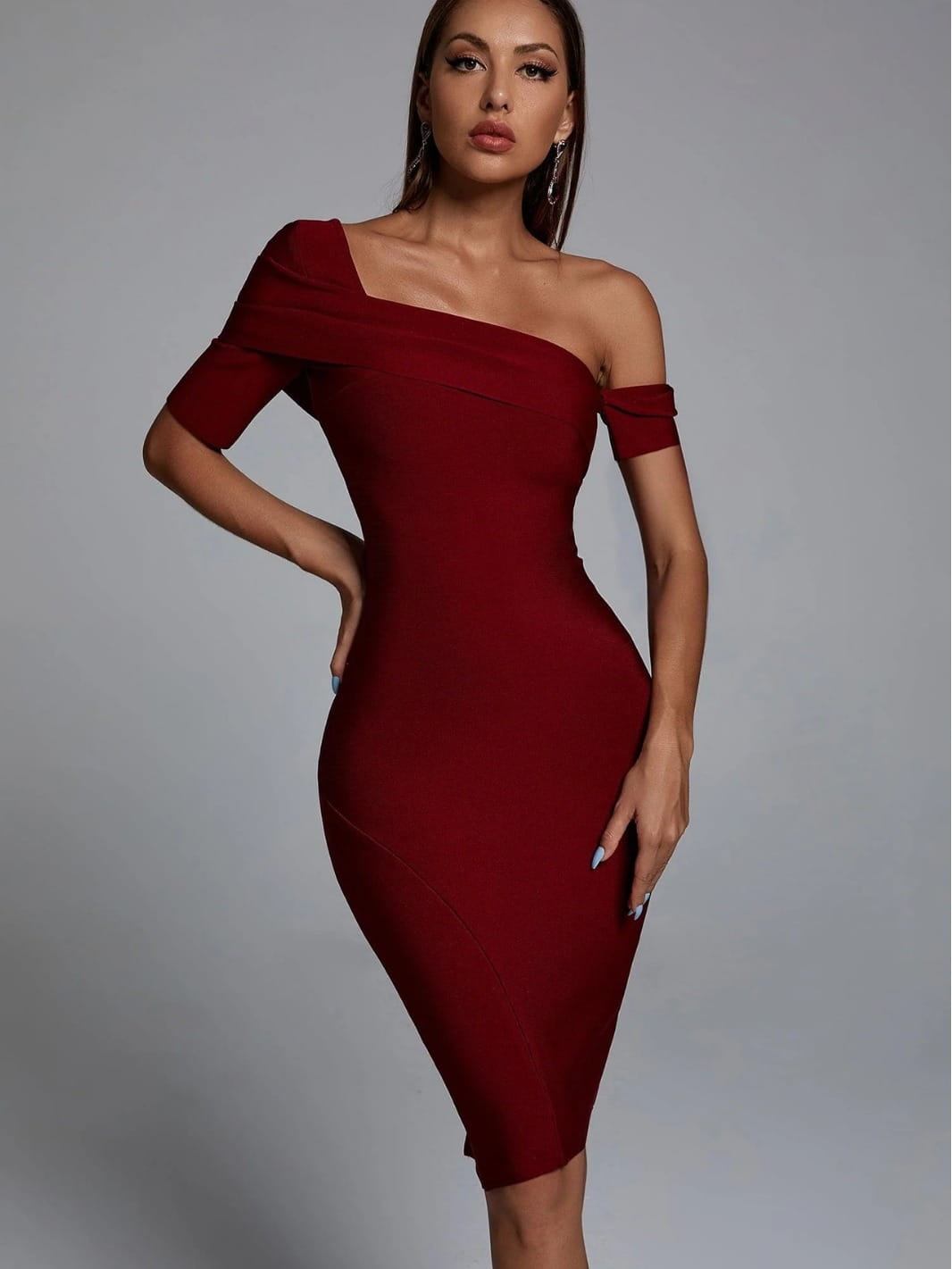 Red Bodycon Off-the-shoulder Knitted Midi Slimming Dress