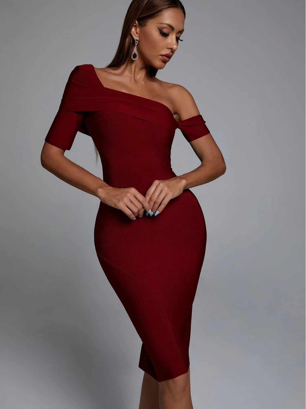 Red Bodycon Off-the-shoulder Knitted Midi Slimming Dress