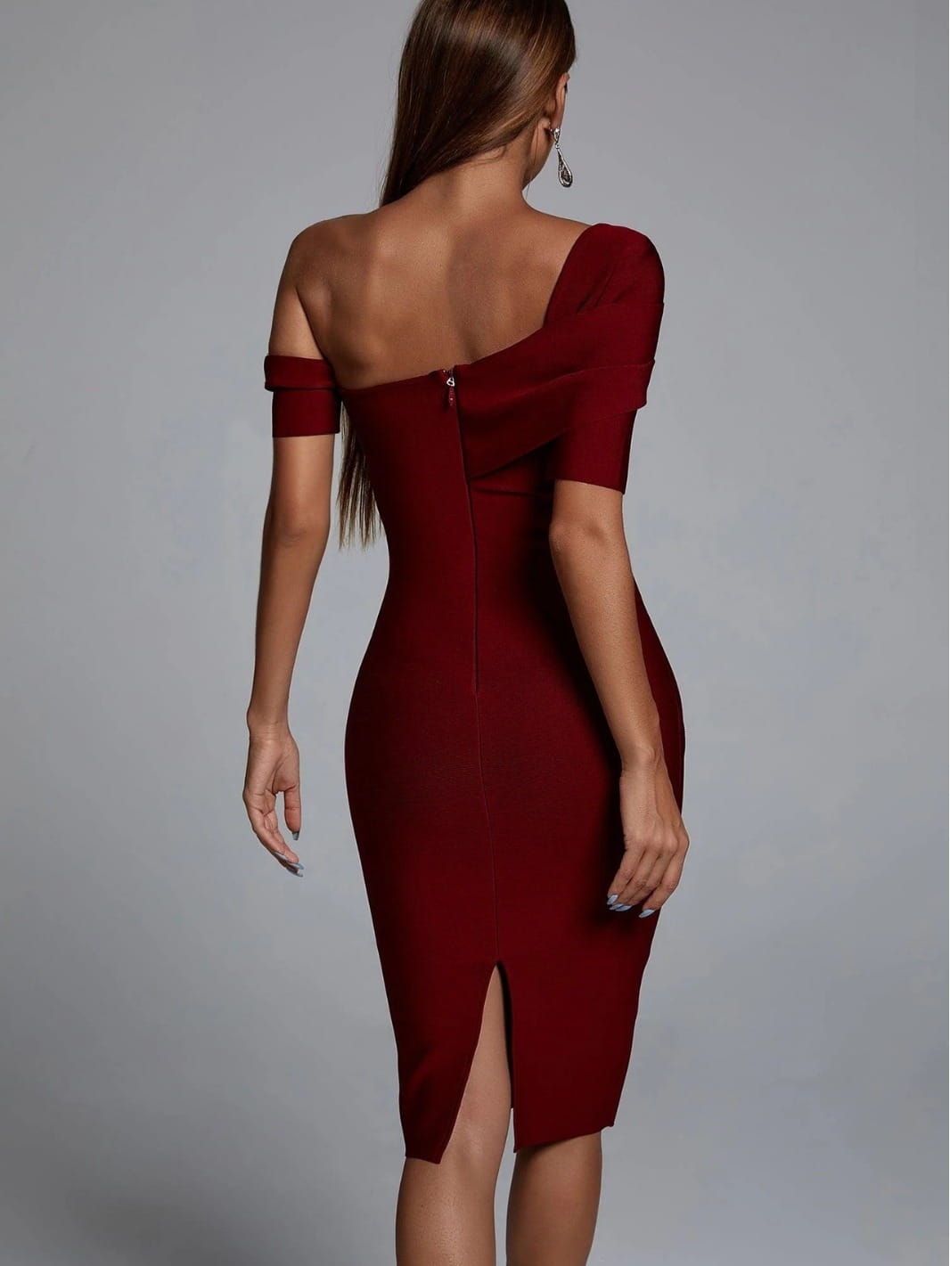 Red Bodycon Off-the-shoulder Knitted Midi Slimming Dress