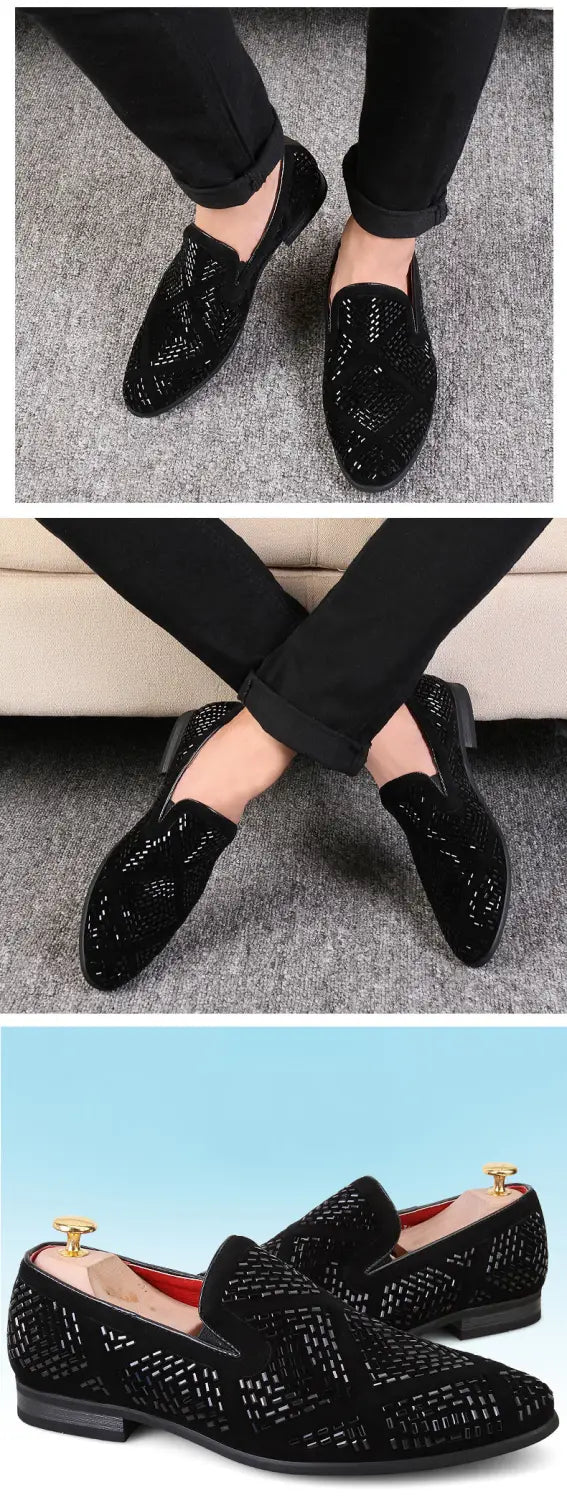 Stylish Black Velvet Loafers with diamond rhinestones designer embellishments.