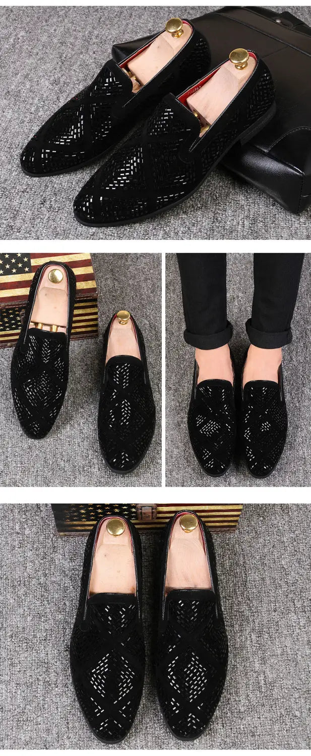 Black studded loafers with decorative pattern and diamond rhinestones for a stylish look.