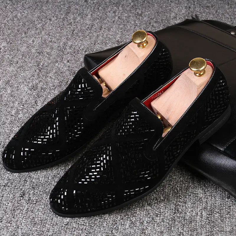 Stylish black loafers with woven pattern and diamond rhinestones designer accents.