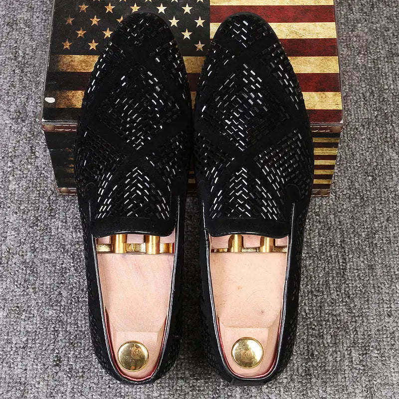 Stylish Black Velvet Loafers with geometric cutouts and gold accents featuring black diamond rhinestones.