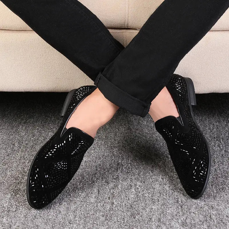 Stylish Black Velvet Loafers featuring decorative perforated pattern and diamond rhinestones.