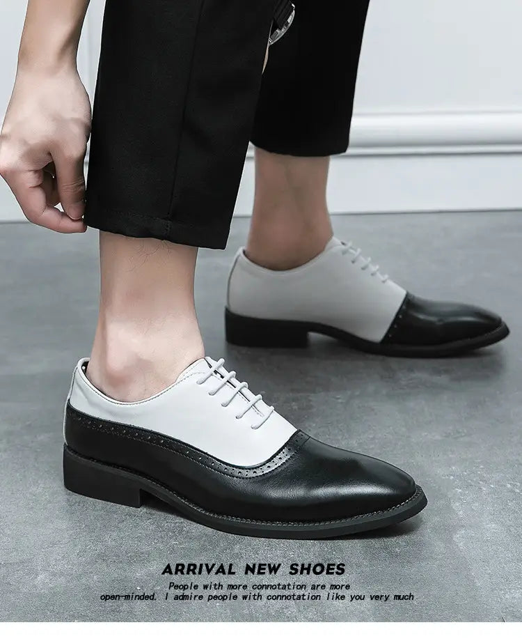 Two-tone black and white color block brogue style shoes for men’s business double look.