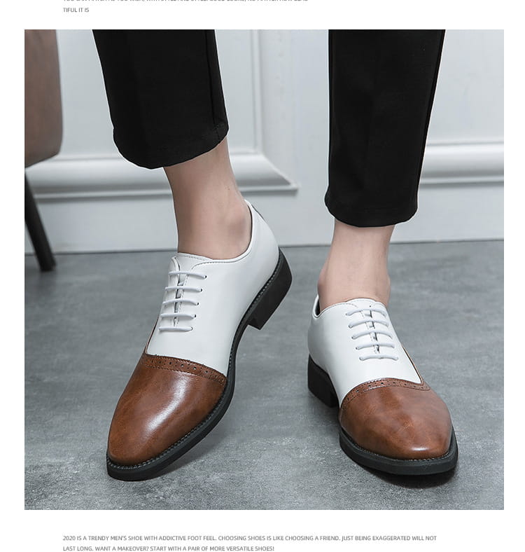 Two-tone Oxford shoes in white and brown leather, perfect for men’s business double style.