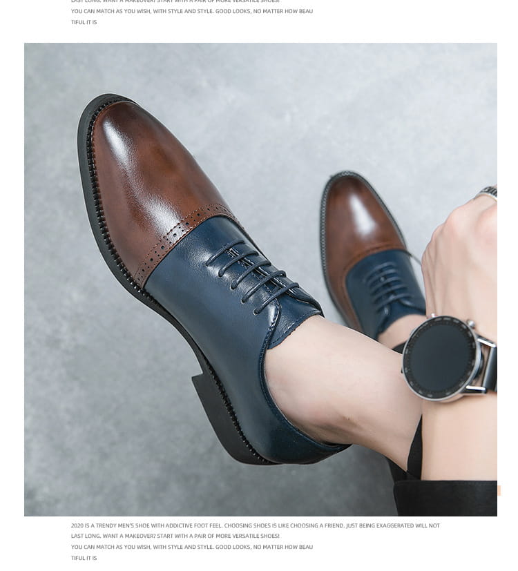 Two-tone Oxford dress shoes featuring brown cap toe and navy blue body in color block brogue style.