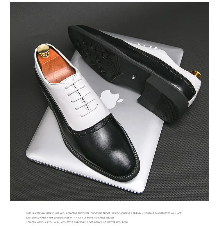 Black and white two-tone color block brogue style shoes for men’s business double wear.