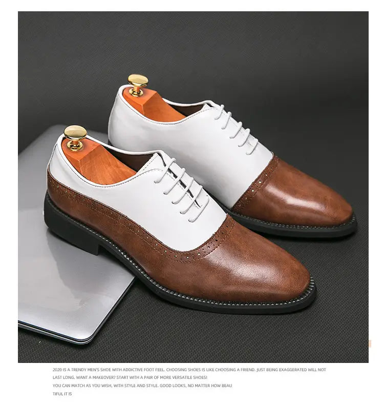 Two-tone brown and white leather color block brogue men’s business double shoes.