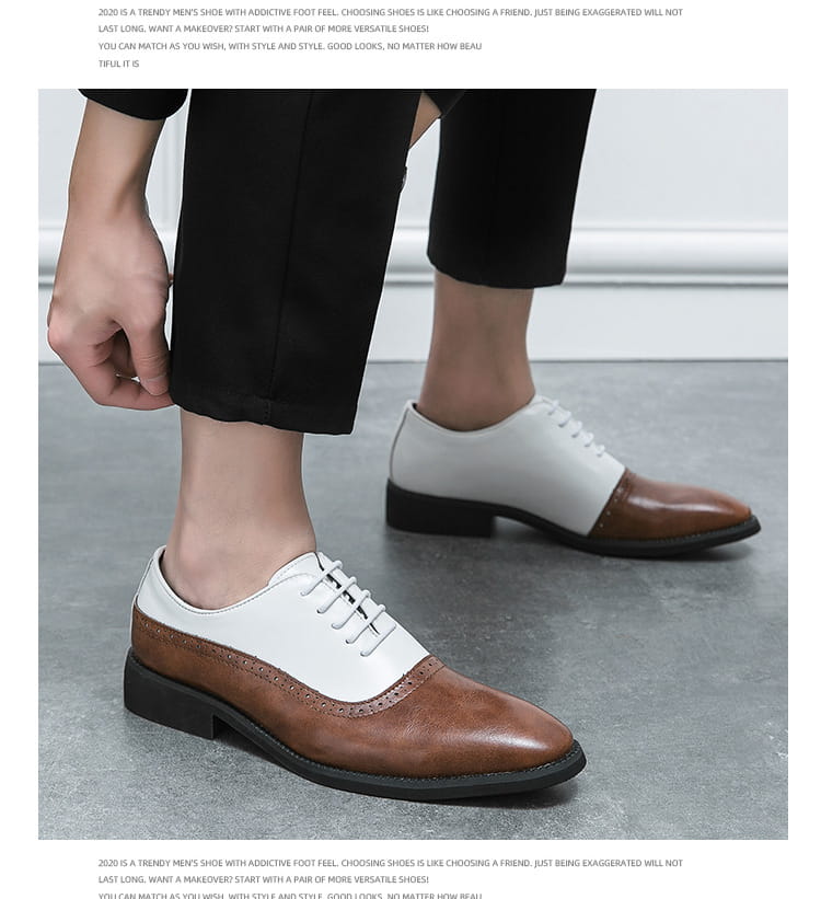 Two-tone oxford shoes in brown and white leather, perfect men’s business double color block brogue style.