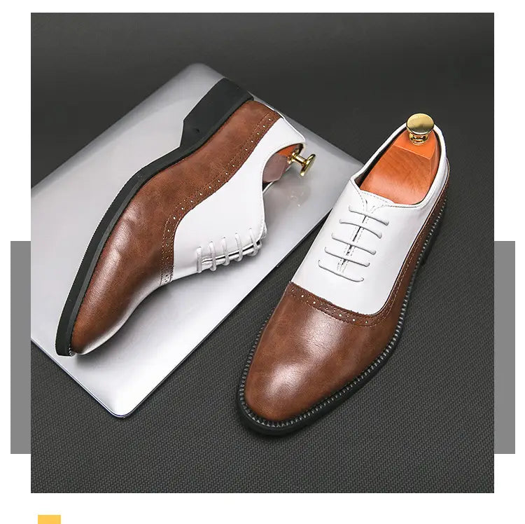 Two-tone brown and white leather color block brogue style shoes for men’s business double.