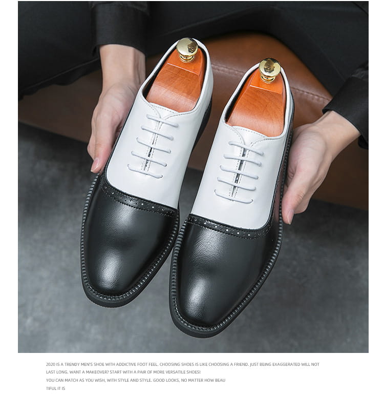 Two-tone black and white color block brogue style shoes for men’s business double style.