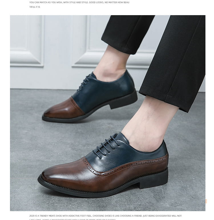 Two-tone Oxford dress shoes in navy blue and brown, perfect color block brogue style.