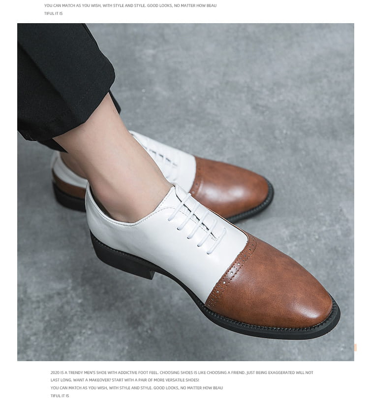 Two-tone Oxford shoes with white leather and brown toe caps, perfect color block brogue style.