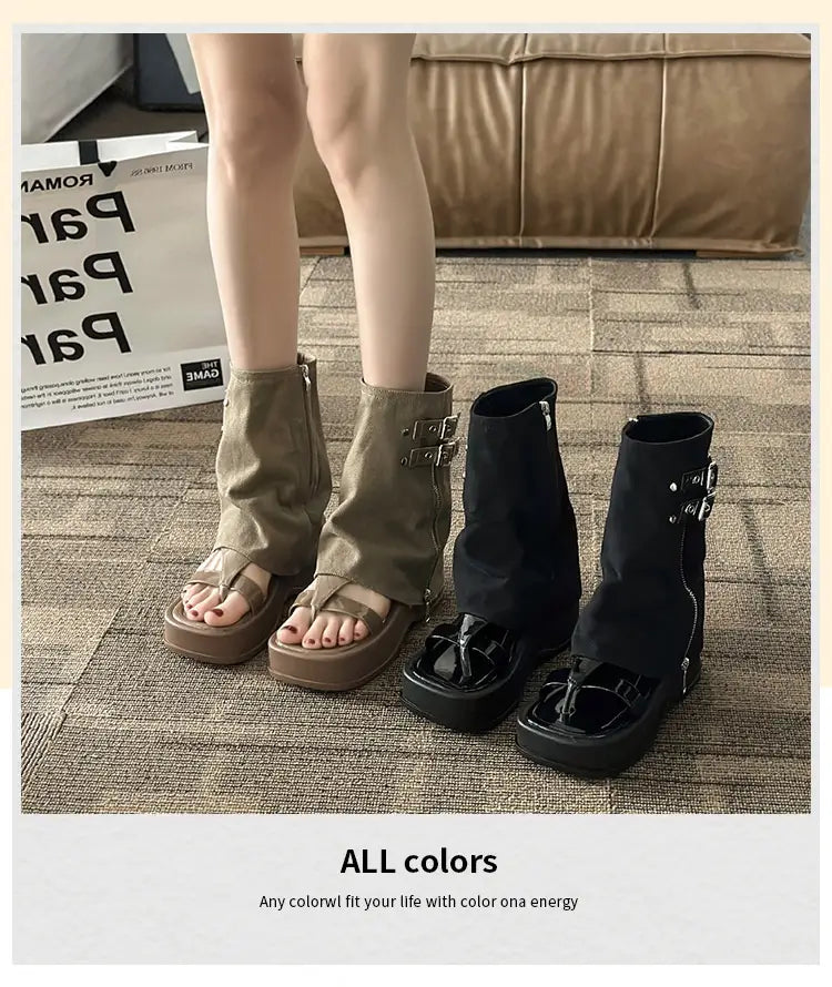 Two pairs of beige and black platform motorcycle fashion tribal boots for bold style.