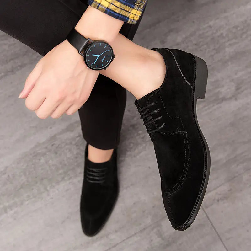 Black suede oxford dress shoe with laces, perfect for carved suede shoes style.