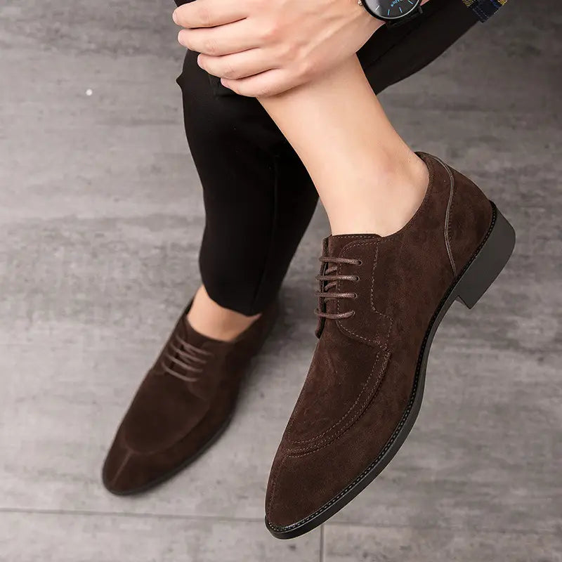 Brown suede casual brogue carved dress shoes with laces for stylish everyday wear.