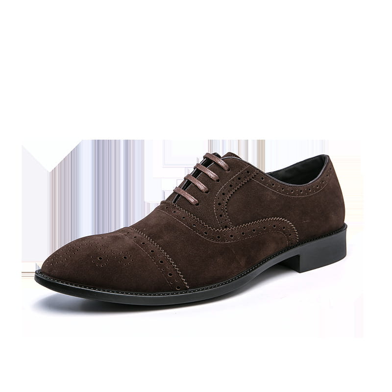 Brown suede casual brogue carved dress shoe with stylish brogue detailing.