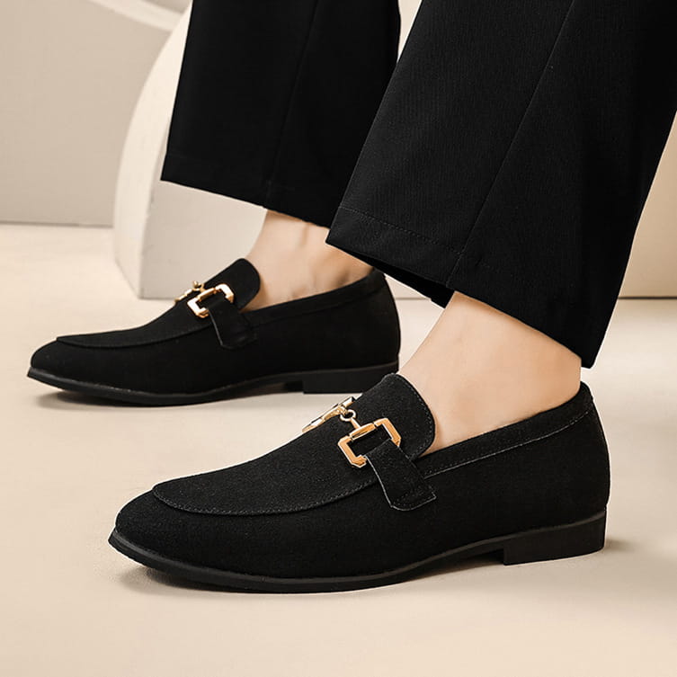 Black suede leather loafers with gold buckle, perfect casual driving shoes for men.