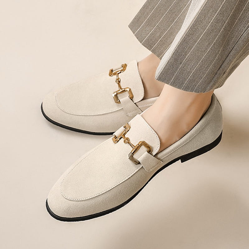 White suede leather loafers with gold buckle, perfect casual driving shoes for men.