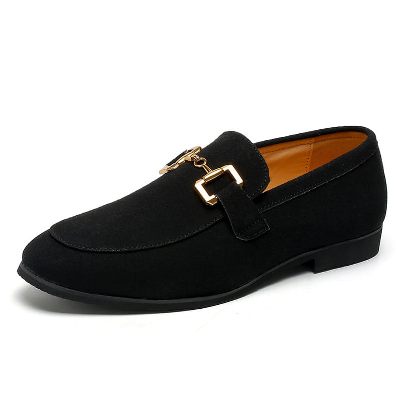 Black suede leather loafer with gold buckle detail for stylish casual driving.