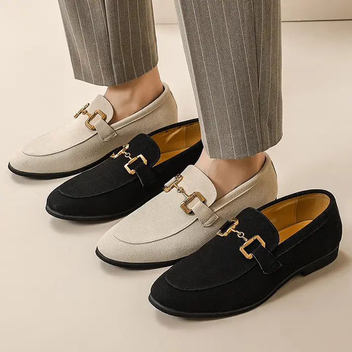 Stylish cream suede leather loafers with gold buckle, perfect mens driving casual shoes.