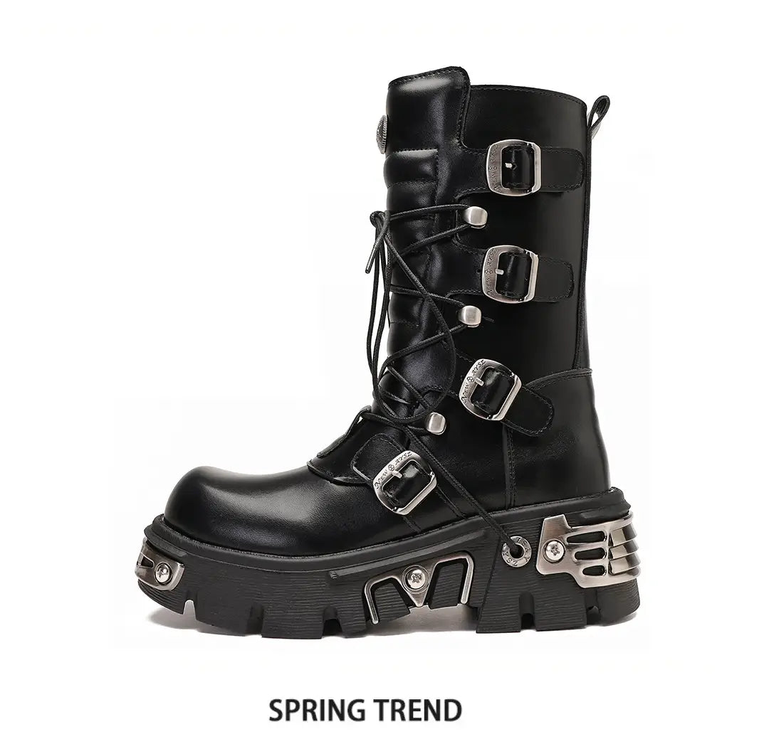 Black leather platform combat boot with metal buckles for retro steampunk cargo style.