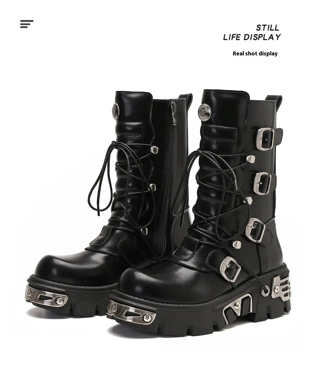 Black leather platform combat boots with buckles in retro steampunk cargo style.