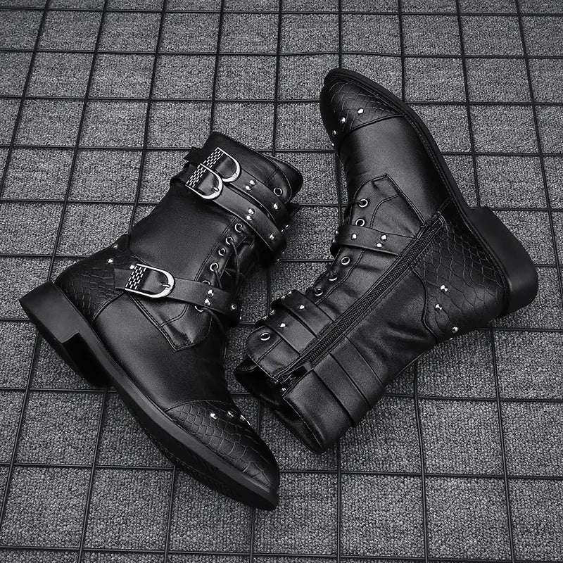 Black leather combat boots with buckles, perfect for ceremonial and motorcycle rides.