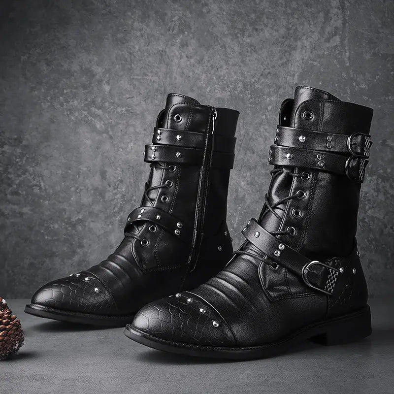 Black leather combat boots with buckles for ceremonial motorcycle rides.