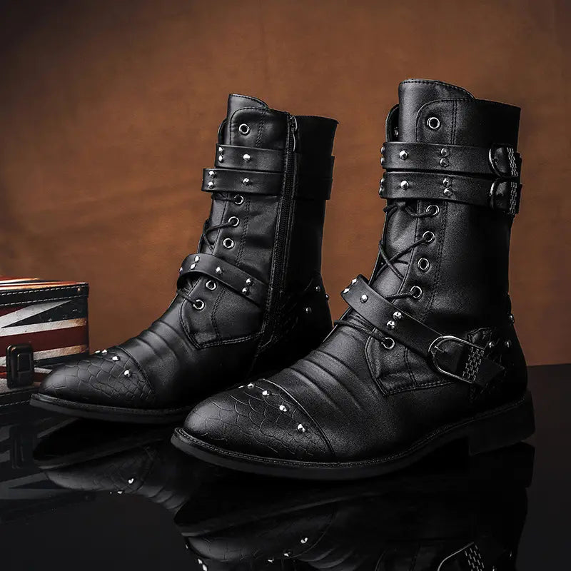 Mid Length Pu Leather Boots for Ceremonial and Motorcycle Rides in black with studs.