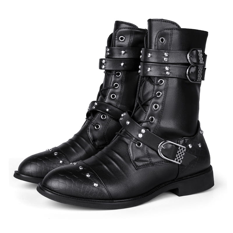 Black leather combat boots with buckle straps and studs for ceremonial motorcycle rides.