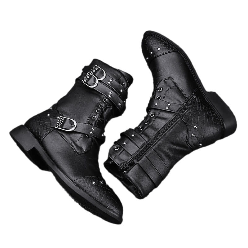 Black leather combat boots with buckles and studs for ceremonial motorcycle rides.