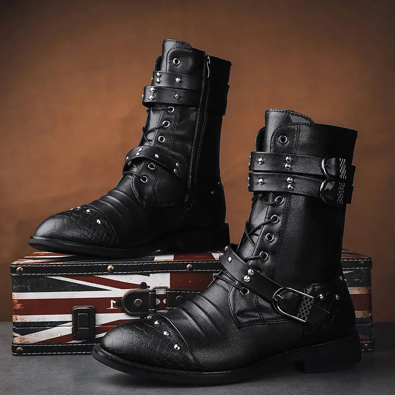 Stylish Black Leather Combat Boots with Buckles for Ceremonial and Motorcycle Rides