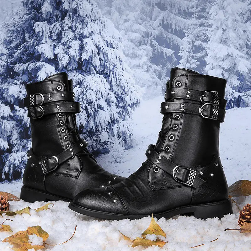 Black leather combat boots with buckles, perfect for ceremonial motorcycle rides.