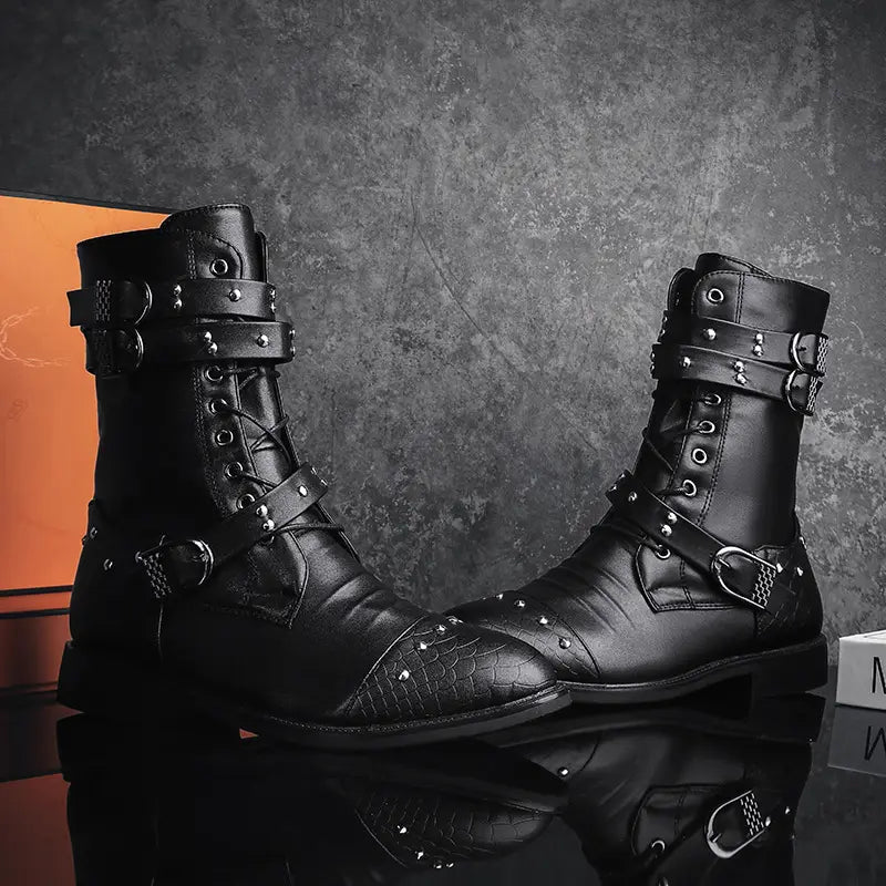 Black leather combat boots with buckles and studs for ceremonial motorcycle rides.