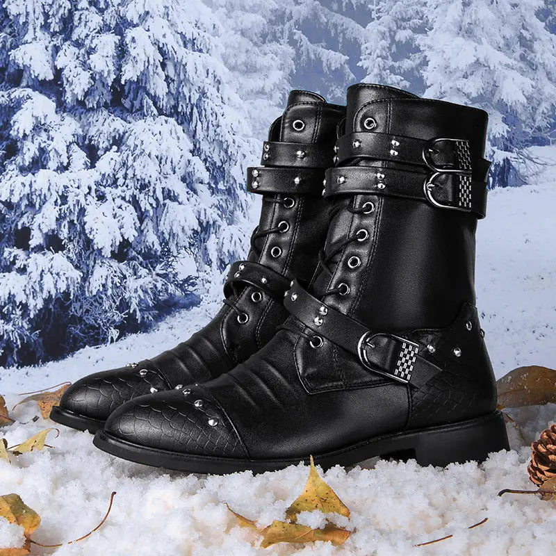 Black leather combat boots with buckles and laces for ceremonial motorcycle rides.