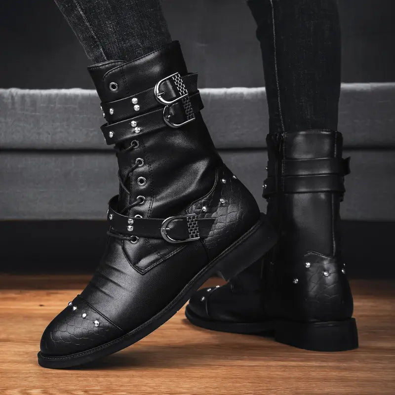 Black leather combat boots with buckles for ceremonial motorcycle rides.