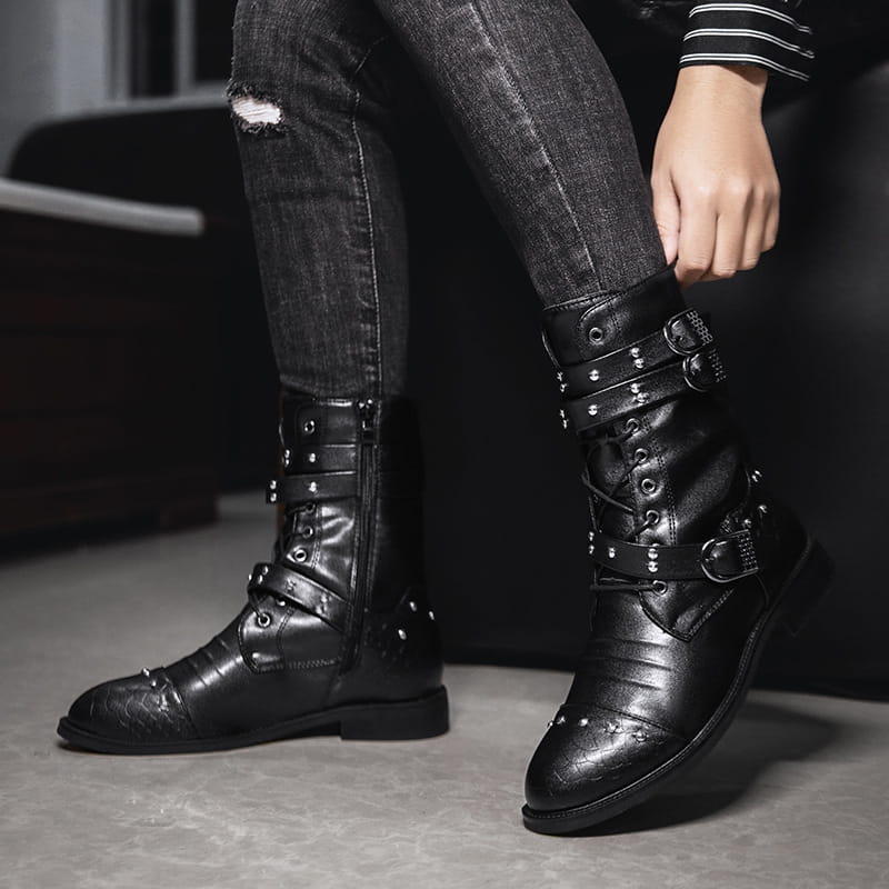 Black leather combat boots with buckles for ceremonial motorcycle rides.