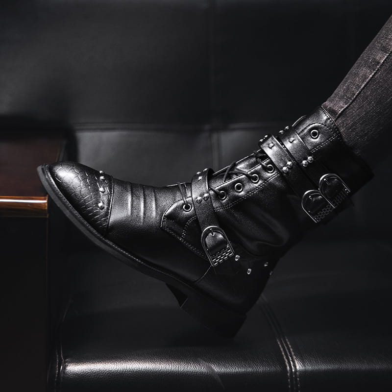 Black leather combat boots with buckles for ceremonial motorcycle rides.