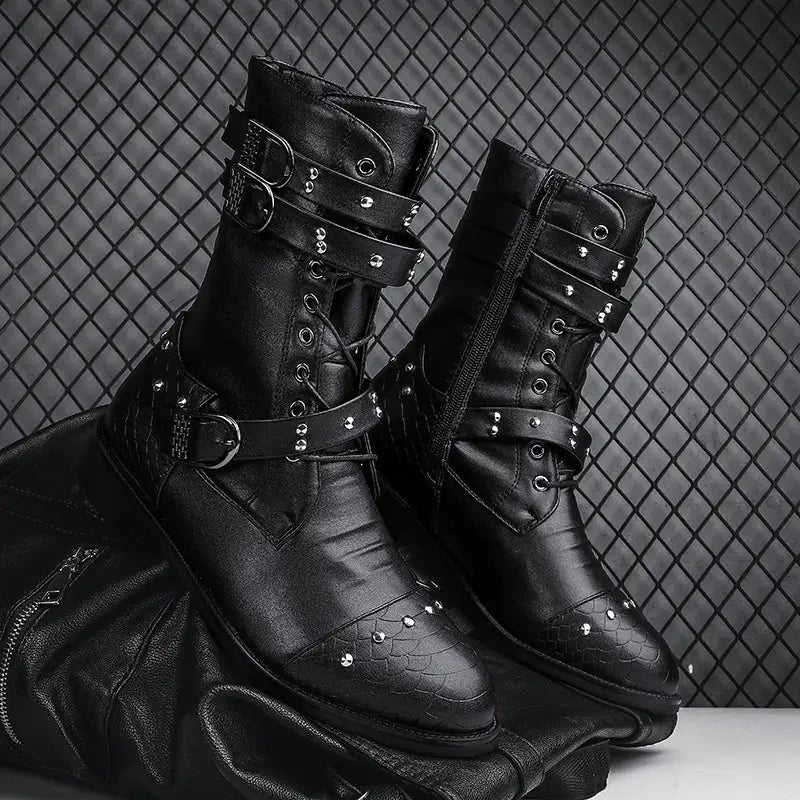 Black leather combat boots with buckles and studs for ceremonial motorcycle rides.