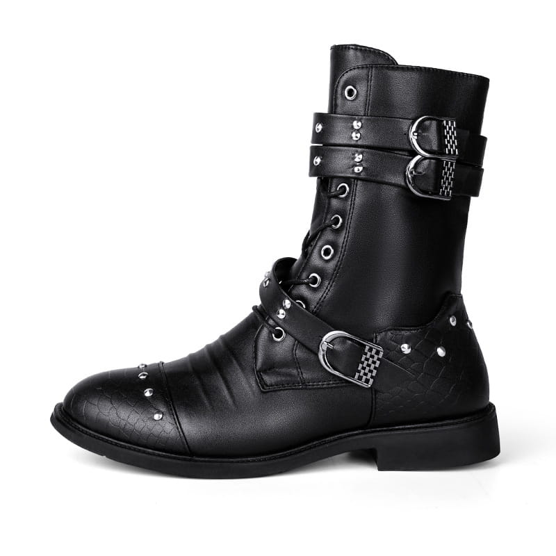 Black leather combat boot with buckles, perfect for ceremonial motorcycle rides.