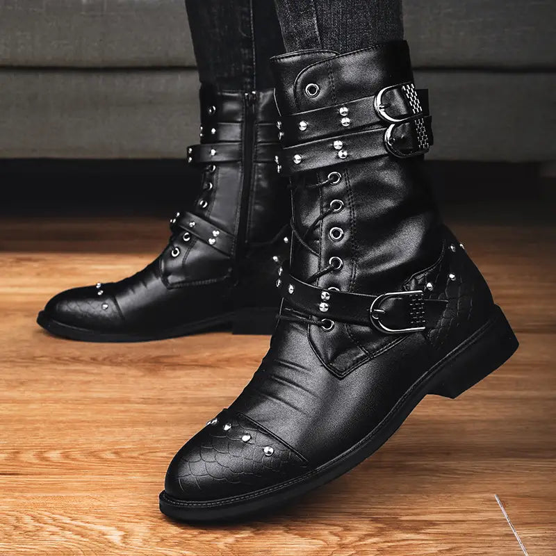 Bottes en cuir PU de longueur moyenne pour motos de cérémonie Hommes