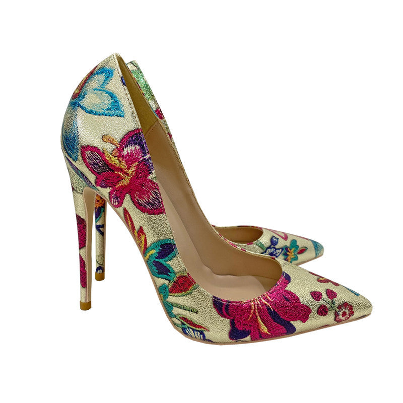 Gold Embroidered Floral High Heel Shoes - Pleasures and Sins   Pleasures and Sins