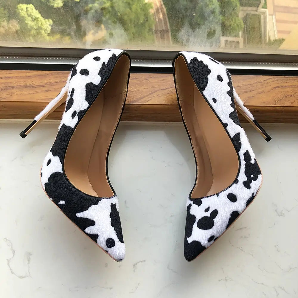 Stylish Cow Print Hairy Flock Pointed Toe High Heels in black and white for a trendy look