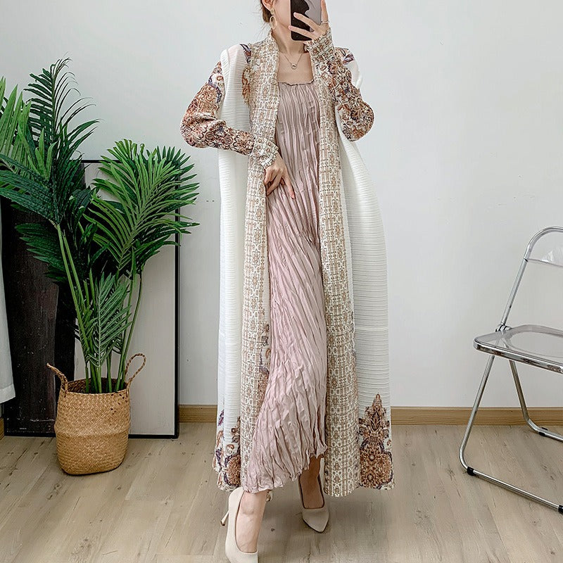 Beige pleated coat cape printed women's Arabic robe - Pleasures and Sins   Pleasures and Sins