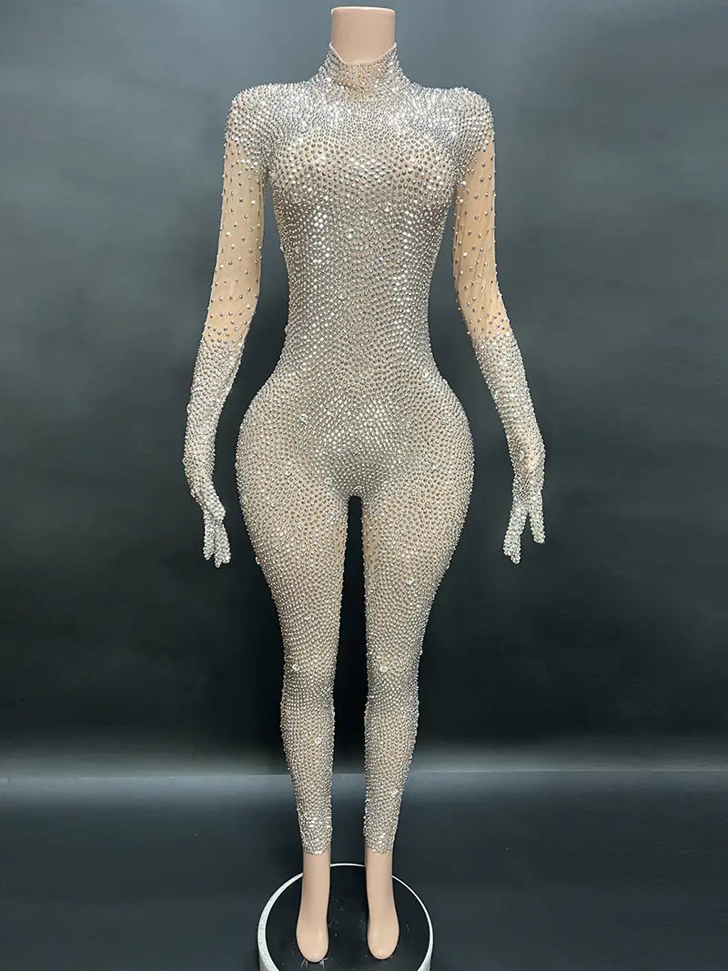 Round neck long sleeved skin tight Rhinestone jumpsuit