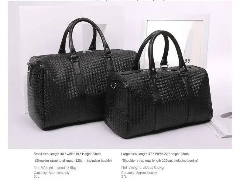 Two black leather duffle bags with woven patterns for unisex business trip carry.